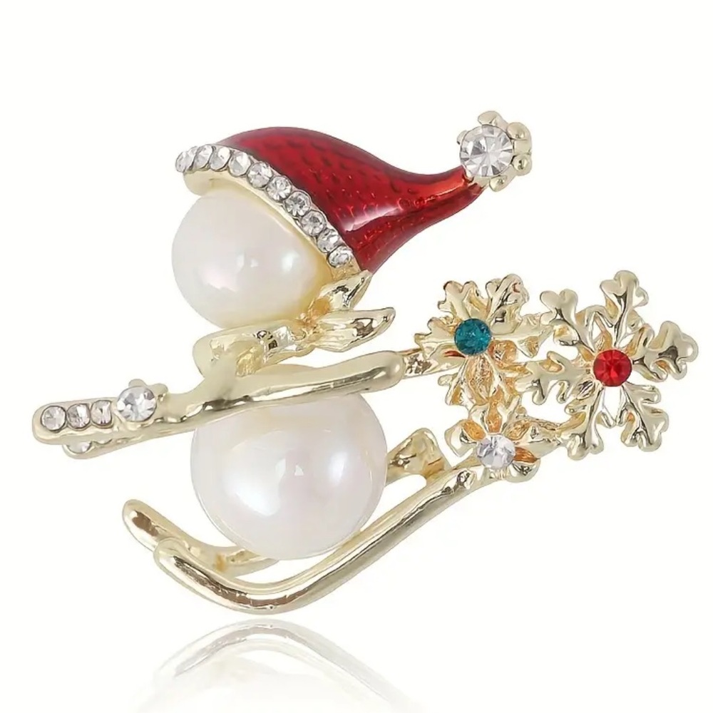 Brooch, snowman skiing, red & gold, NIP, 1.25”x1” approx. cute, 3D. Display case